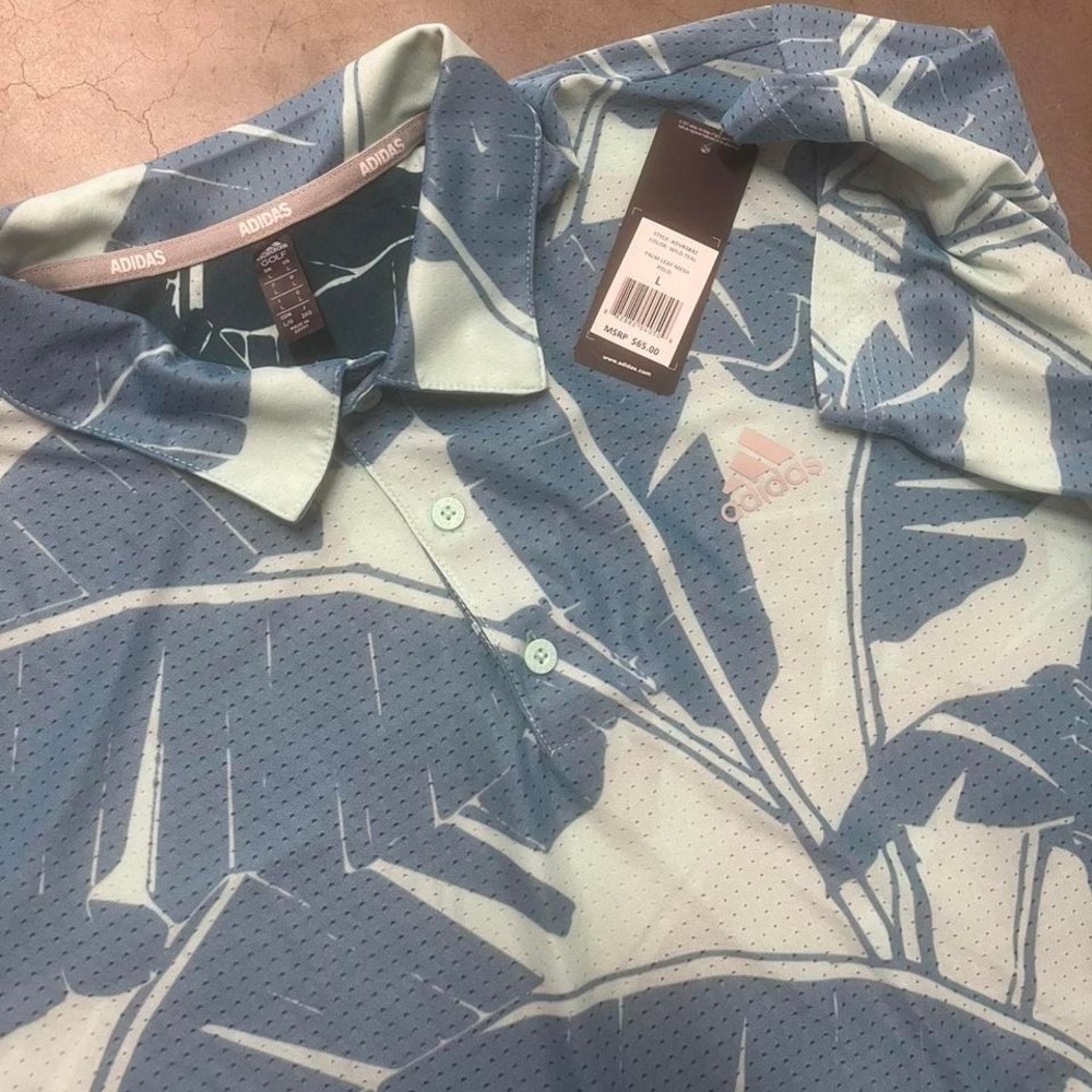 NWT adidas golf men's‎ blue and white polo short sleeve aop